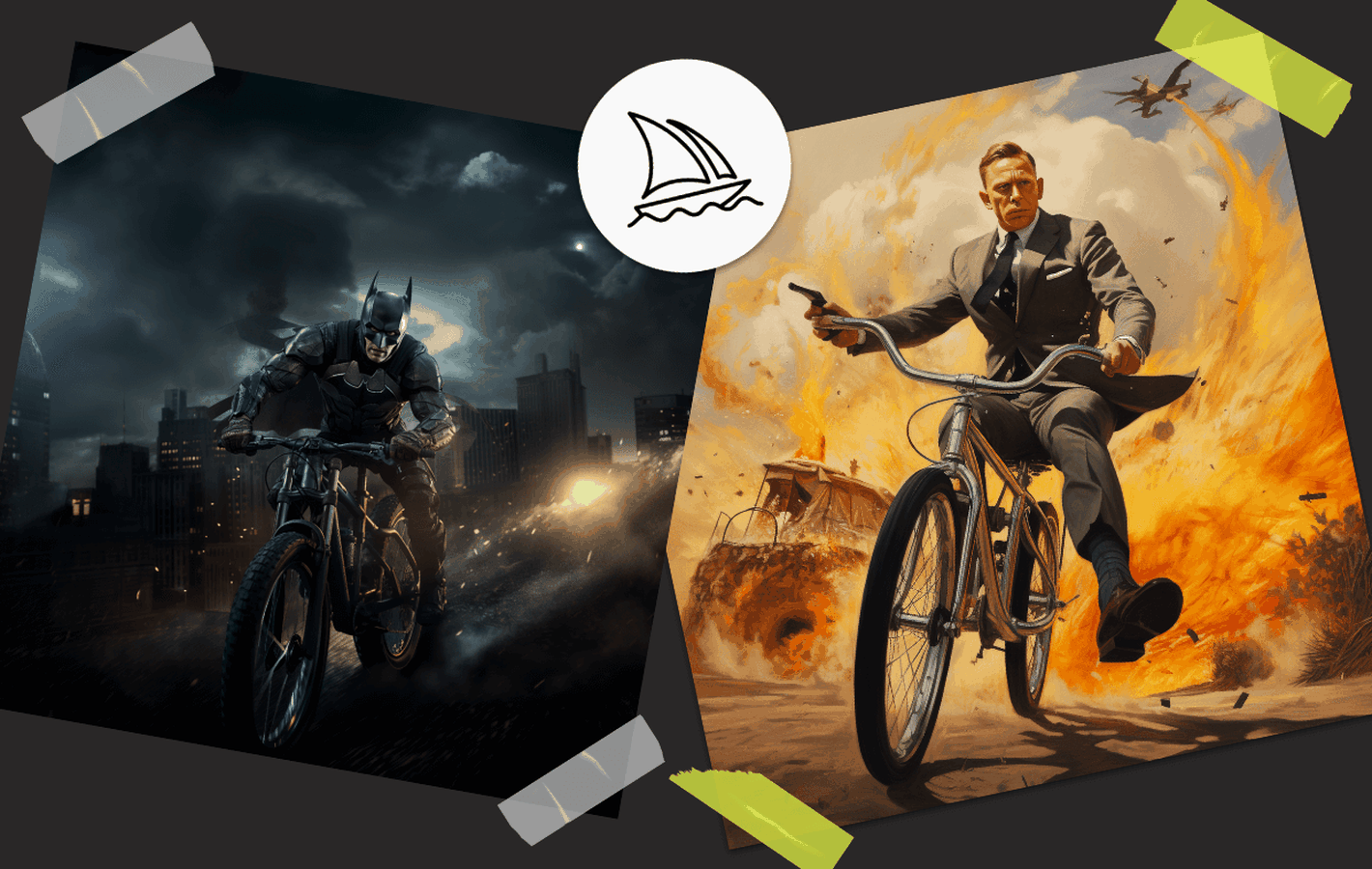 James Bond und Batman auf ihren Helden-Fahrrädern © Zeughaus Design feat. Midjourney