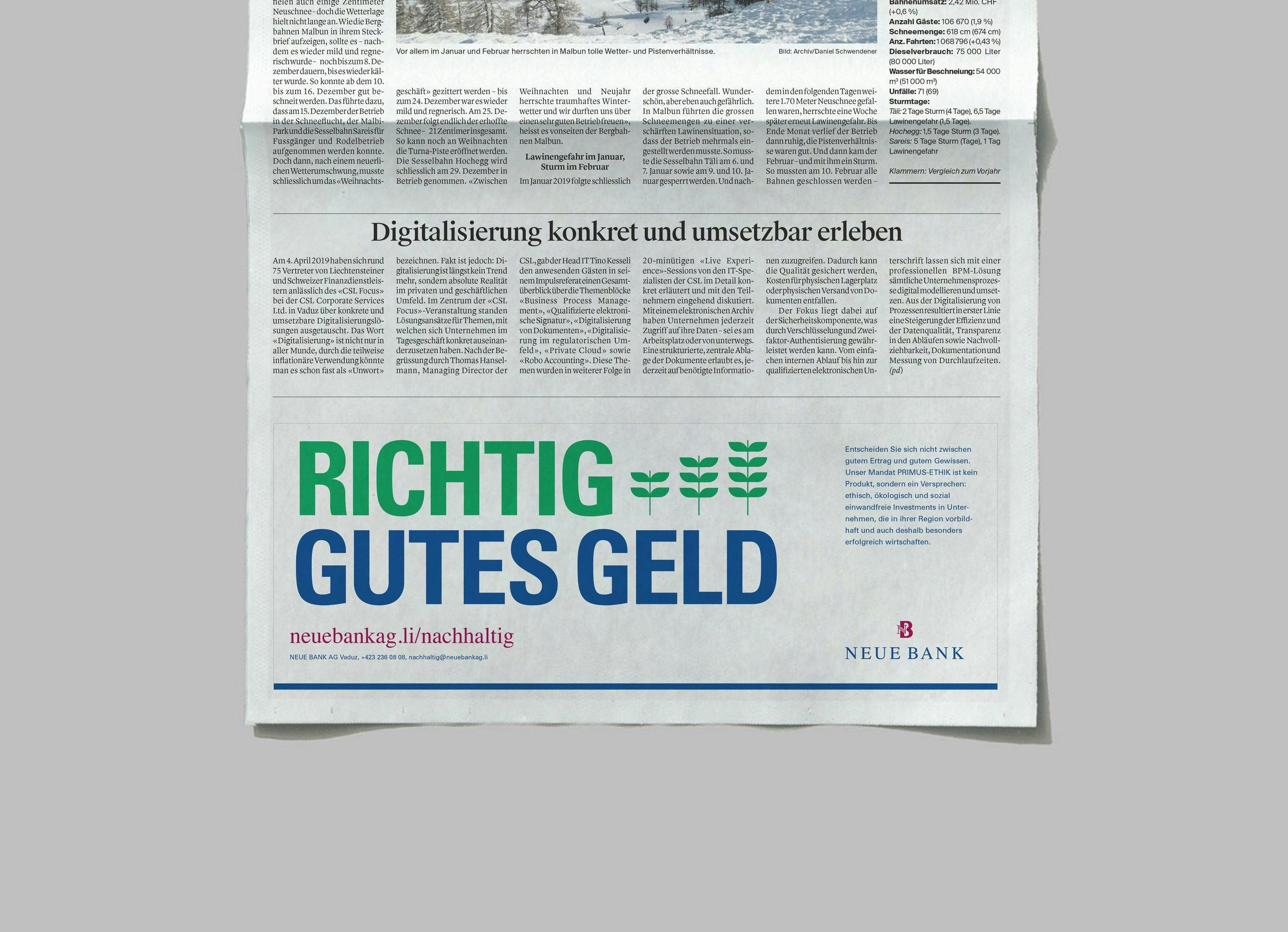 Neue-Bank-Kampagne-Richtig-Gutes-Geld_Zeitung-Inserat © Patricia Keckeis