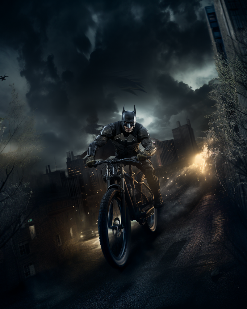 Batman auf seinem Bat-Bike © Zeughaus Design feat. Midjourney