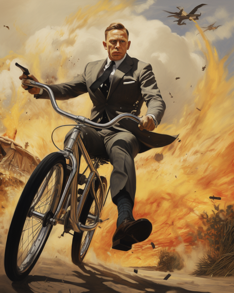 James Bond auf seinem silbernen Bond-Bike © Zeughaus Design feat. Midjourney