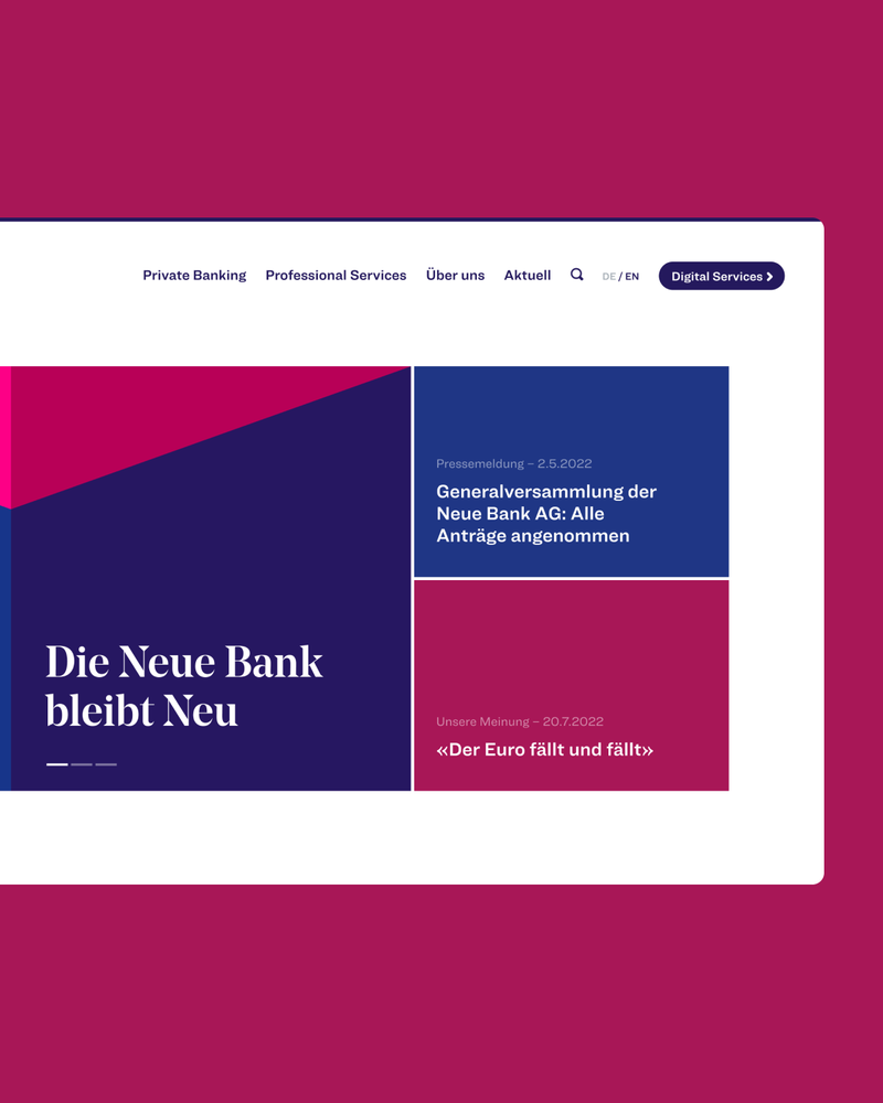 Neue Bank Rebranding: Website Startseite  © Zeughaus Design